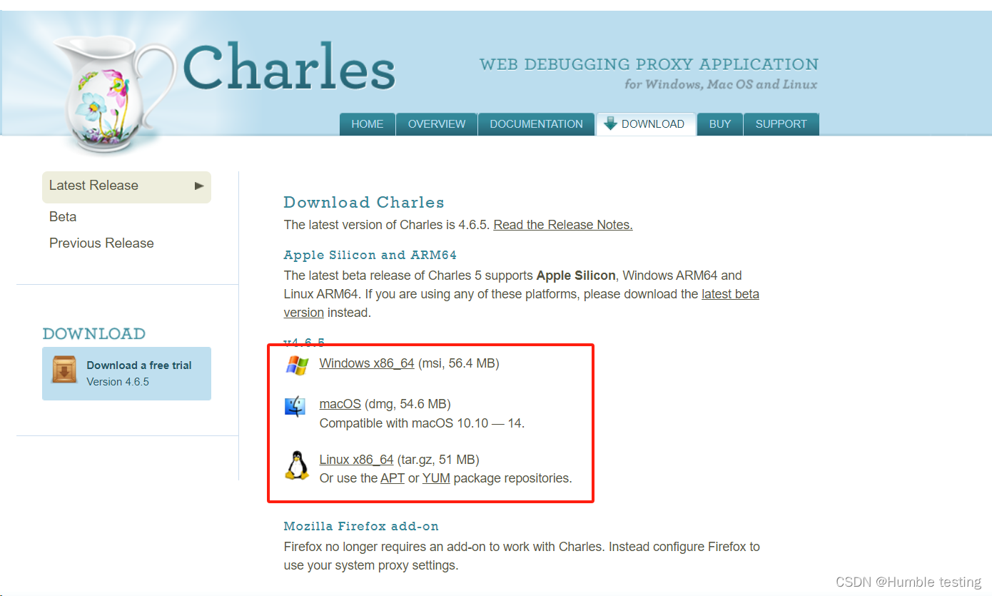 Charles Proxy官方网站下载页面截图，展示不同操作系统版本的下载选项
