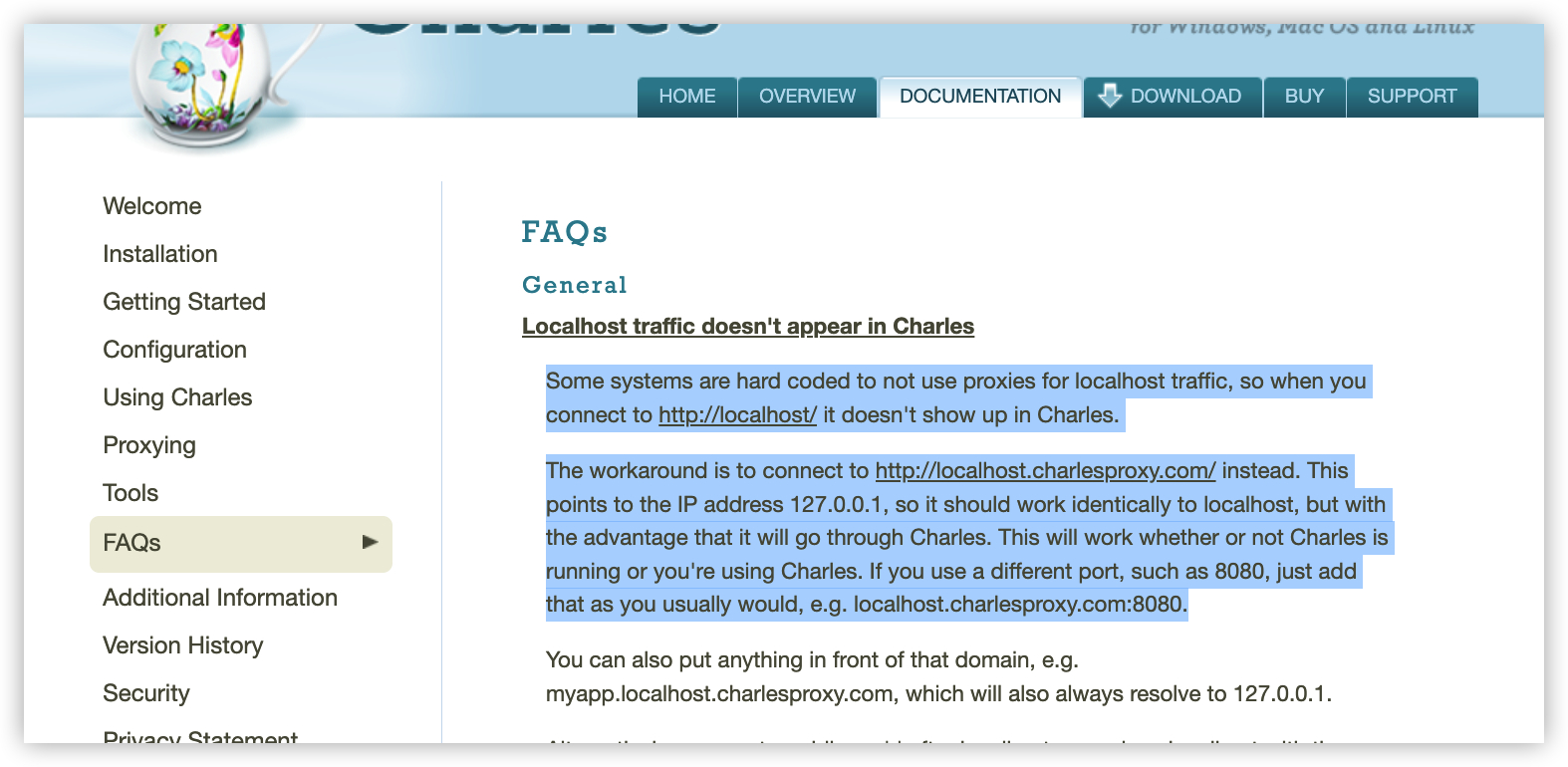 Charles Proxy常见问题FAQ界面截图